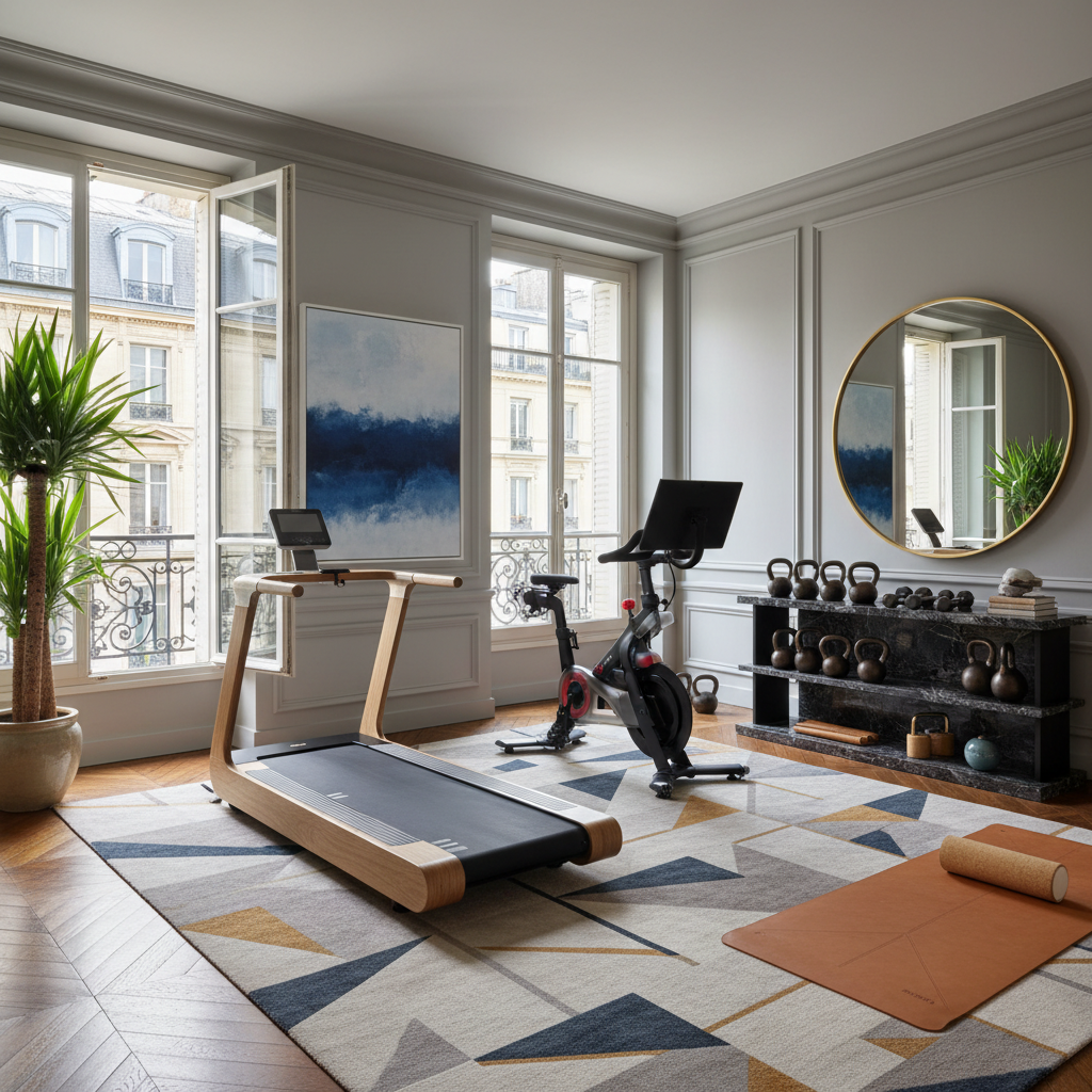 Image of stylish fitness equipment in a Parisian home gym.
