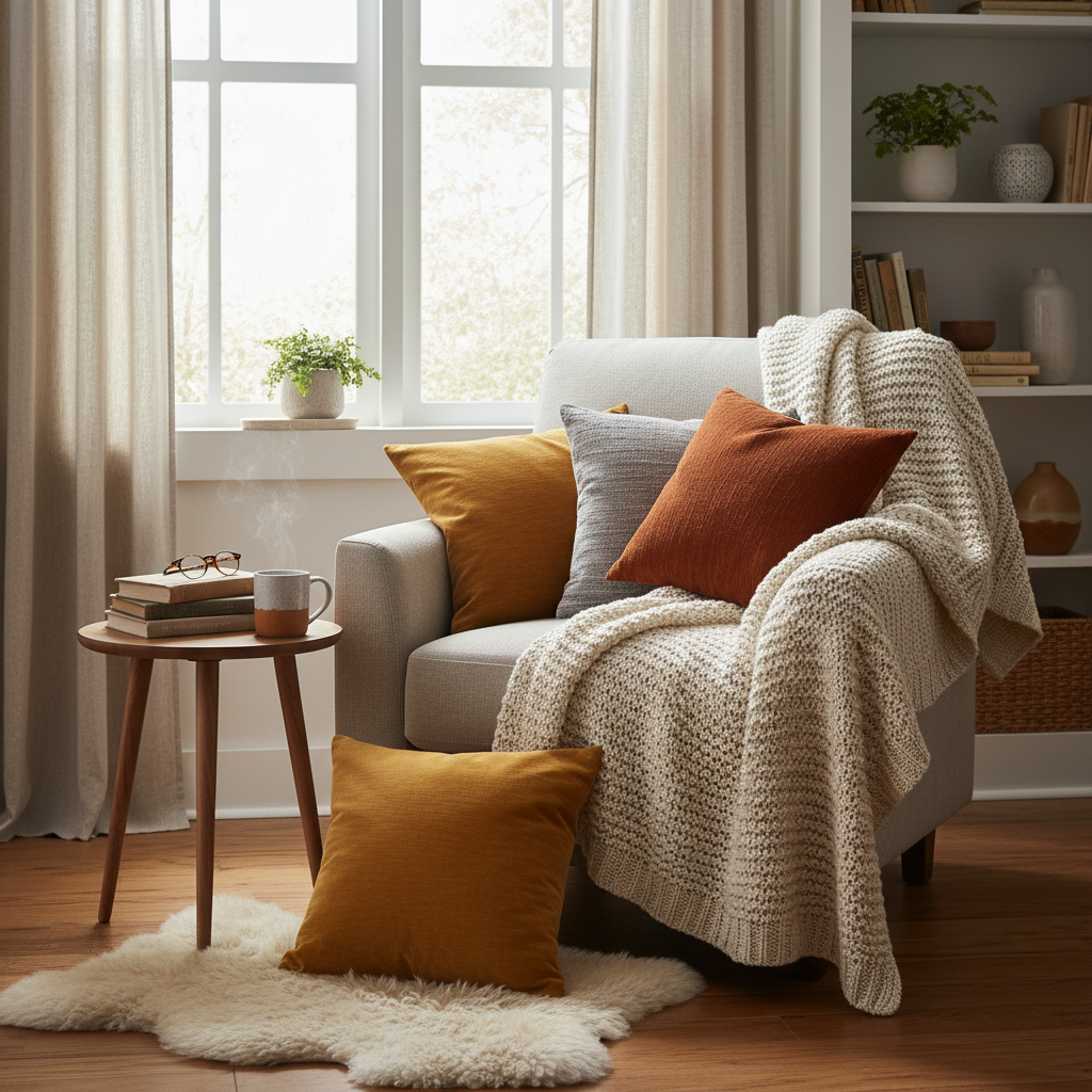 Cozy textiles in a reading nook enhancing the appeal.