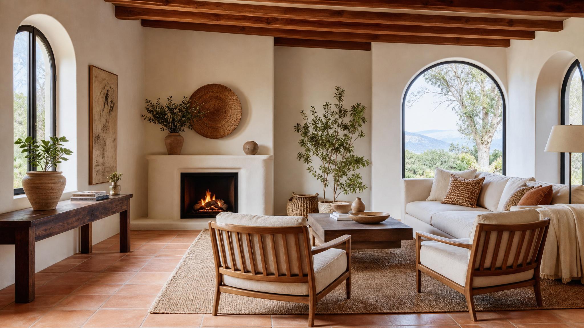 Mediterranean living room with terracotta tiles and arched windows