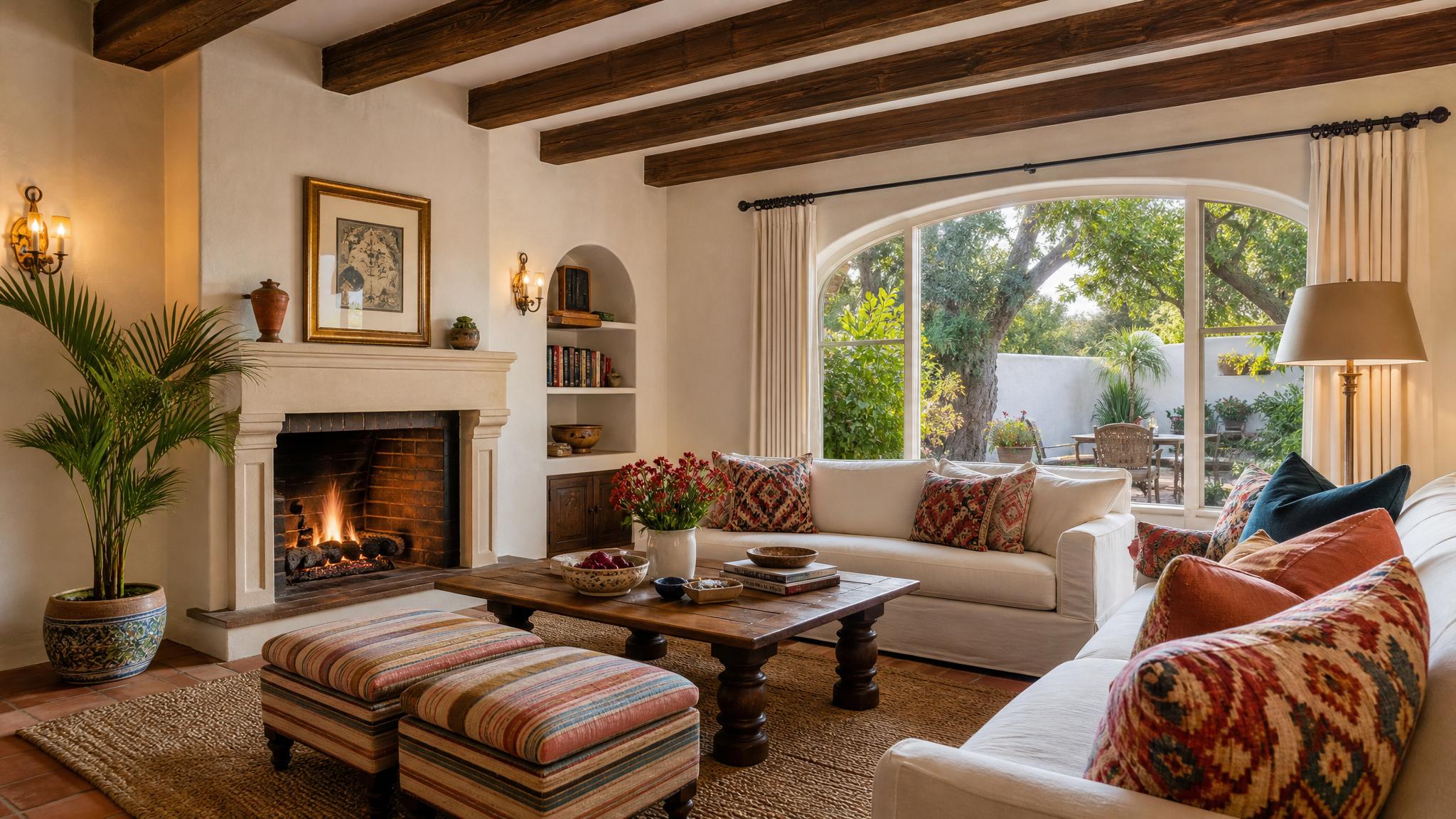 Cozy Mediterranean living room with colorful textiles and a fireplace