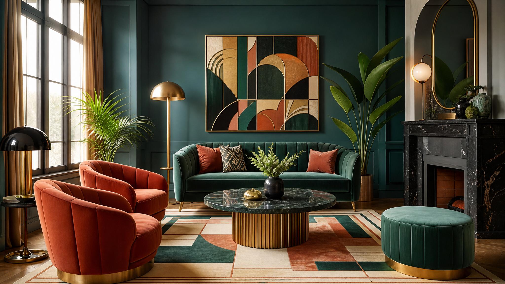 Art Deco living room with geometrical patterns and vibrant colors