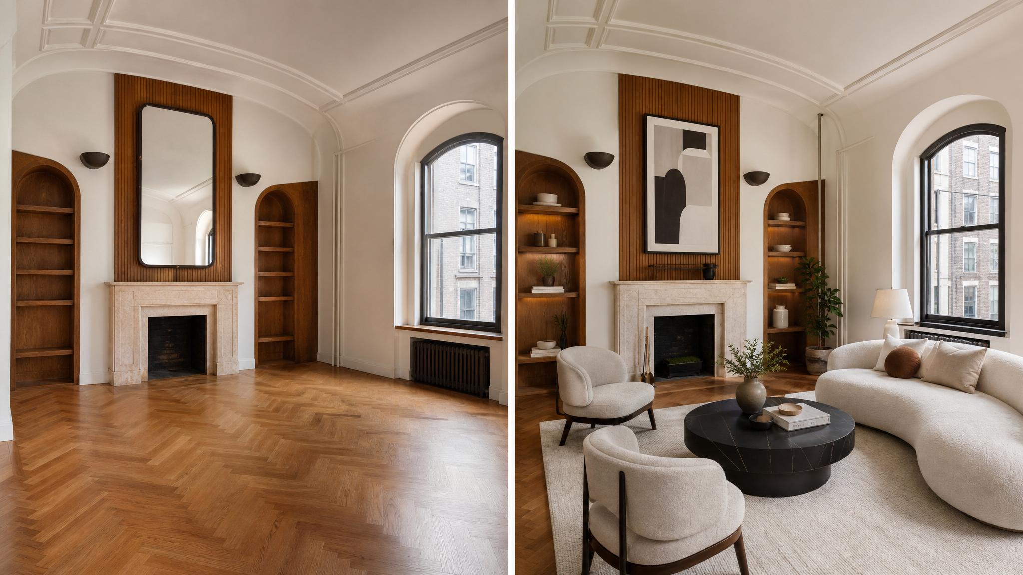 Before and after staging of Art Deco living room