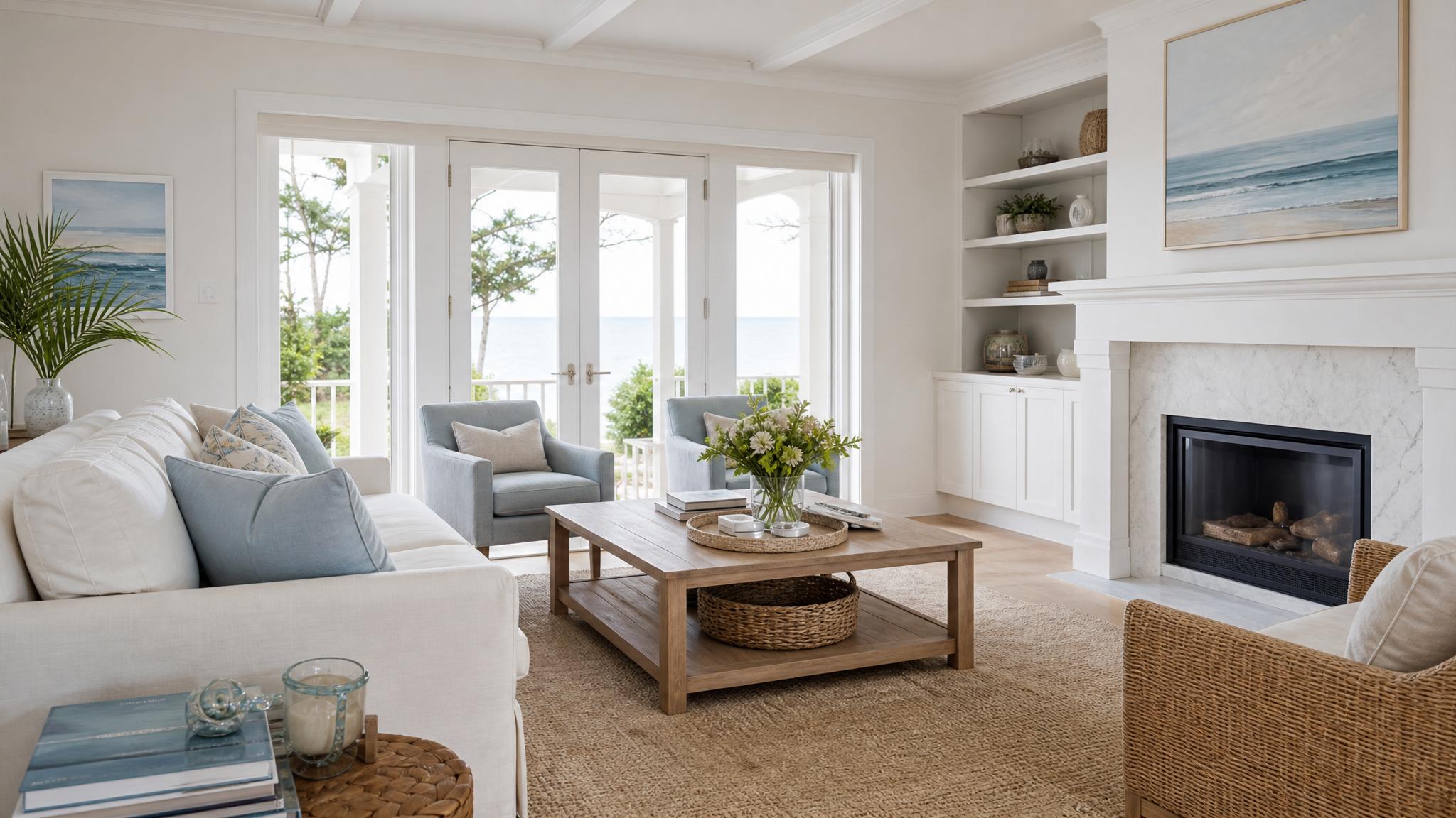 Coastal inspired living room with natural light and airy atmosphere