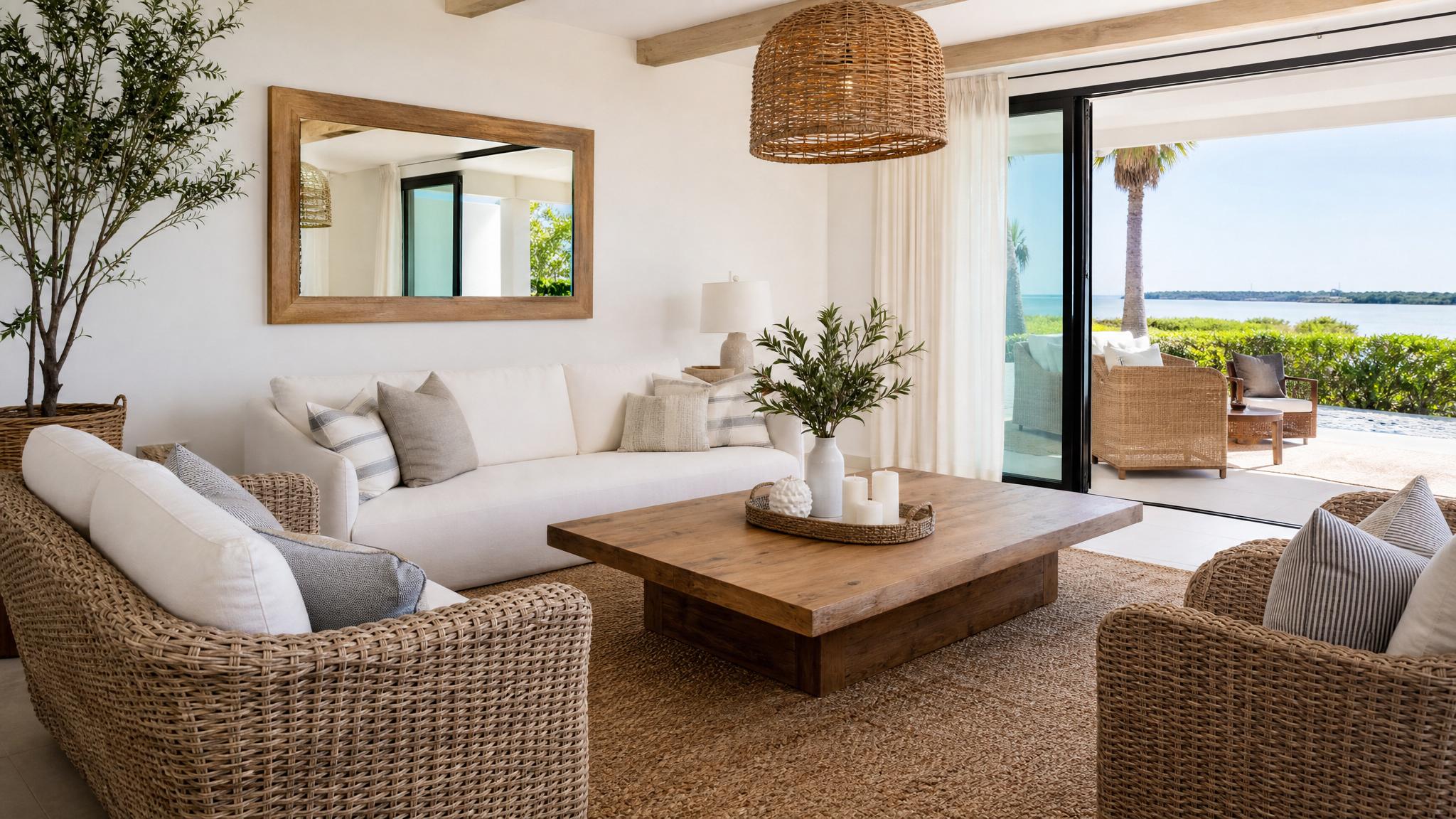 Lightweight wicker furniture in a sleek coastal living space