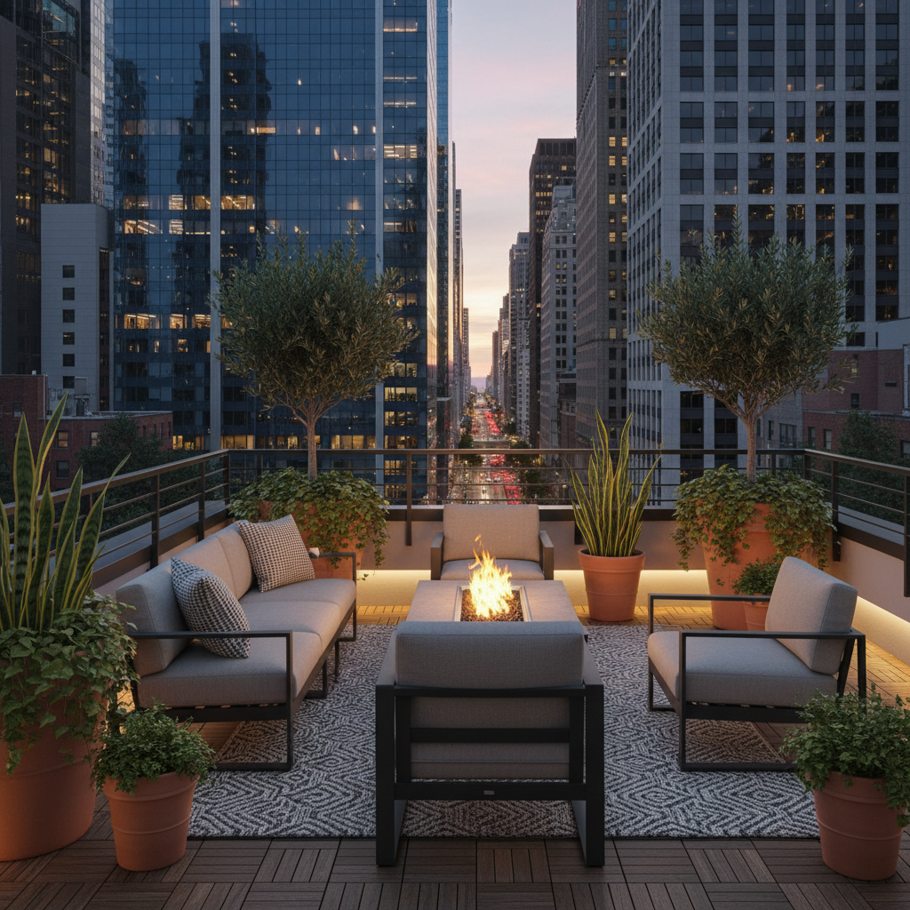 A stunning urban loft balcony with modern furniture and plants.