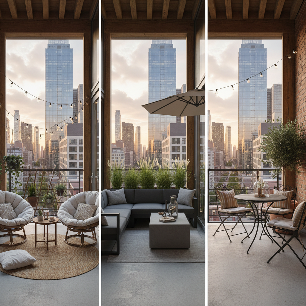 A viewport showing different furniture options for an urban loft balcony.