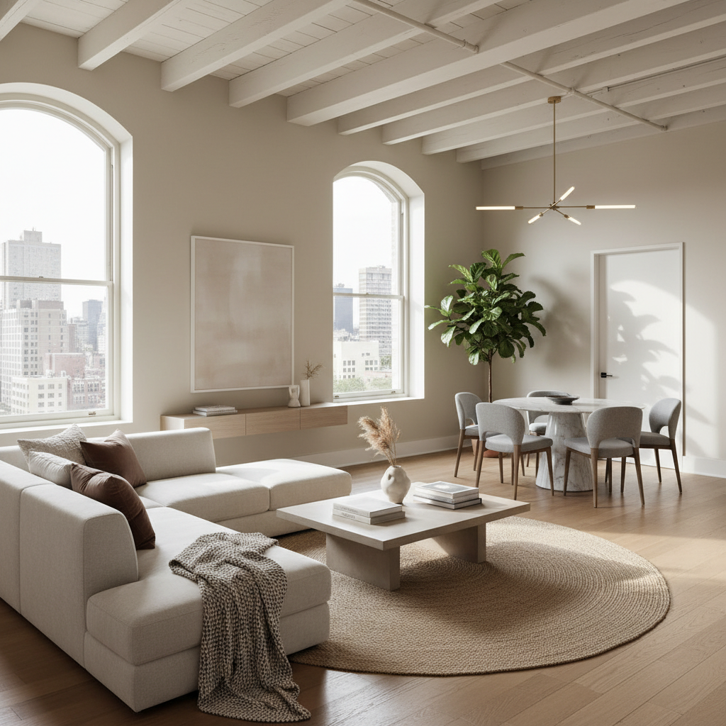 A serene luxury loft with neutral colors, elegant furnishings, and minimalist decor.