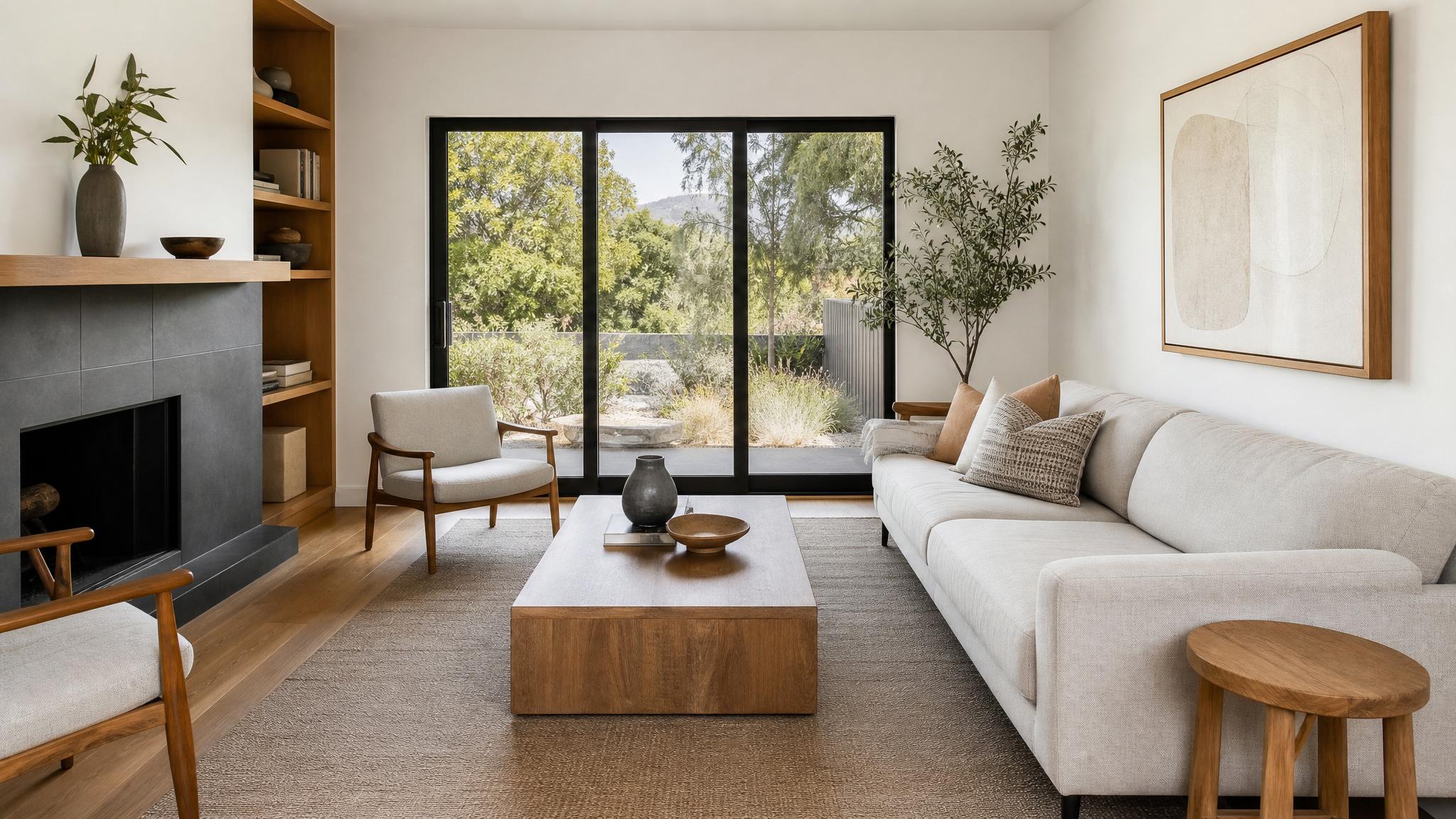 Image of a well-staged small living room in California modern style, showcasing clean lines and minimalistic decor