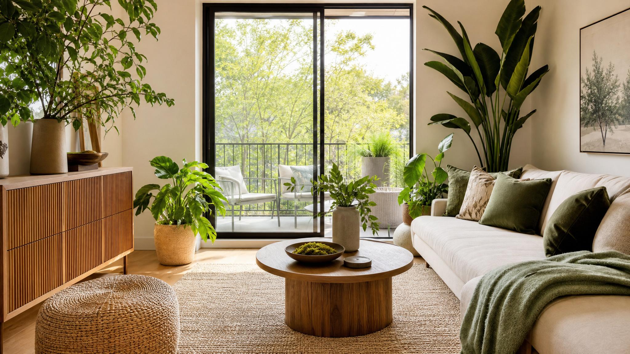 Image of a small living room featuring plants and natural materials, illustrating the integration of nature into design