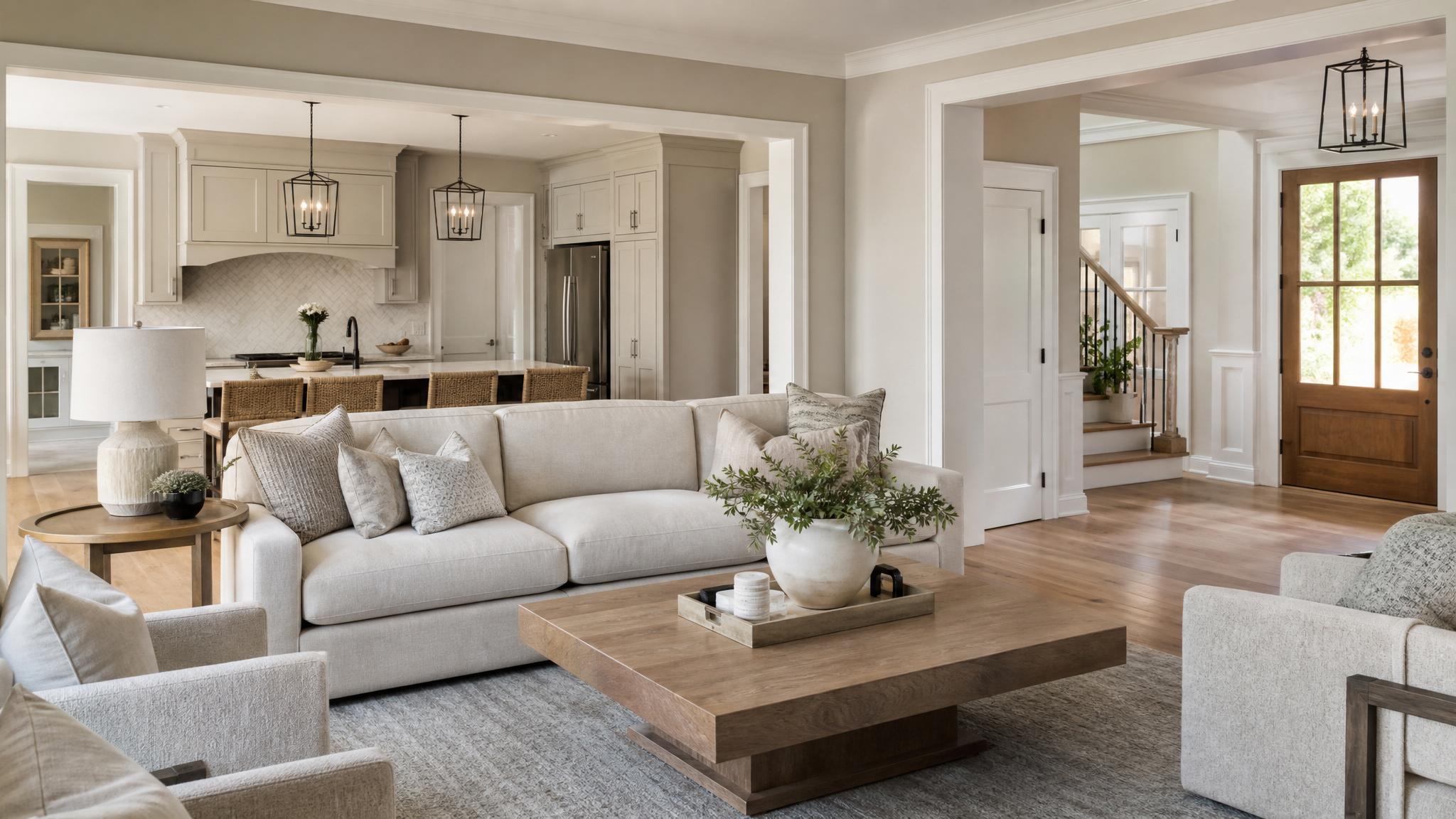 Example of transitional neutral palette in an open-plan living room
