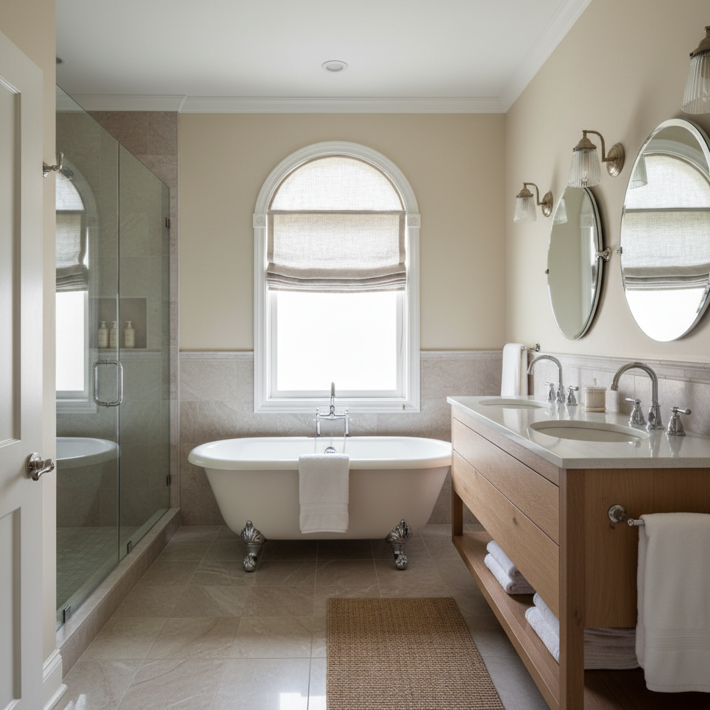 A beautifully designed transitional small bathroom with neutral colors and elegant fixtures.