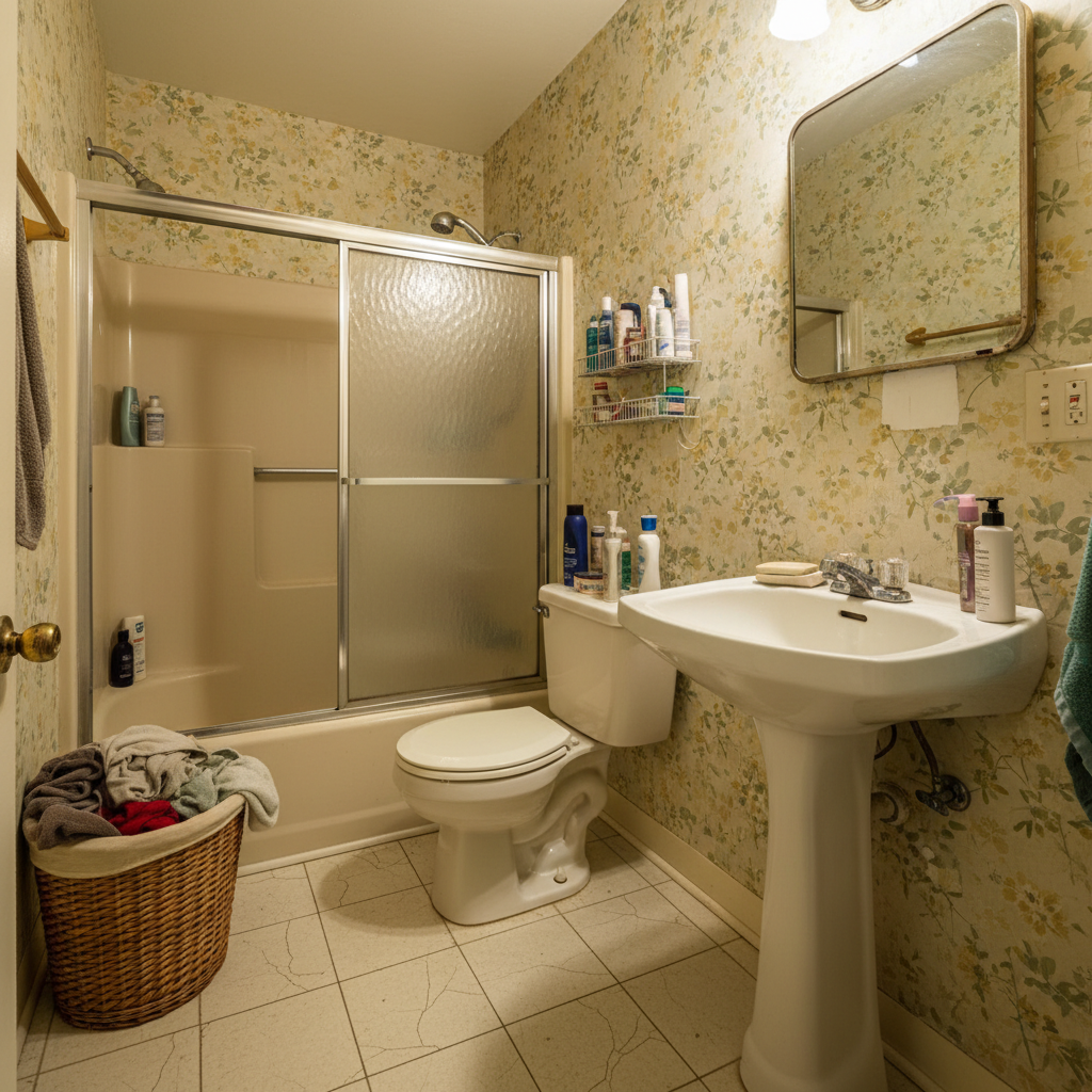 Before and after images showcasing a small bathroom transformation using AI.