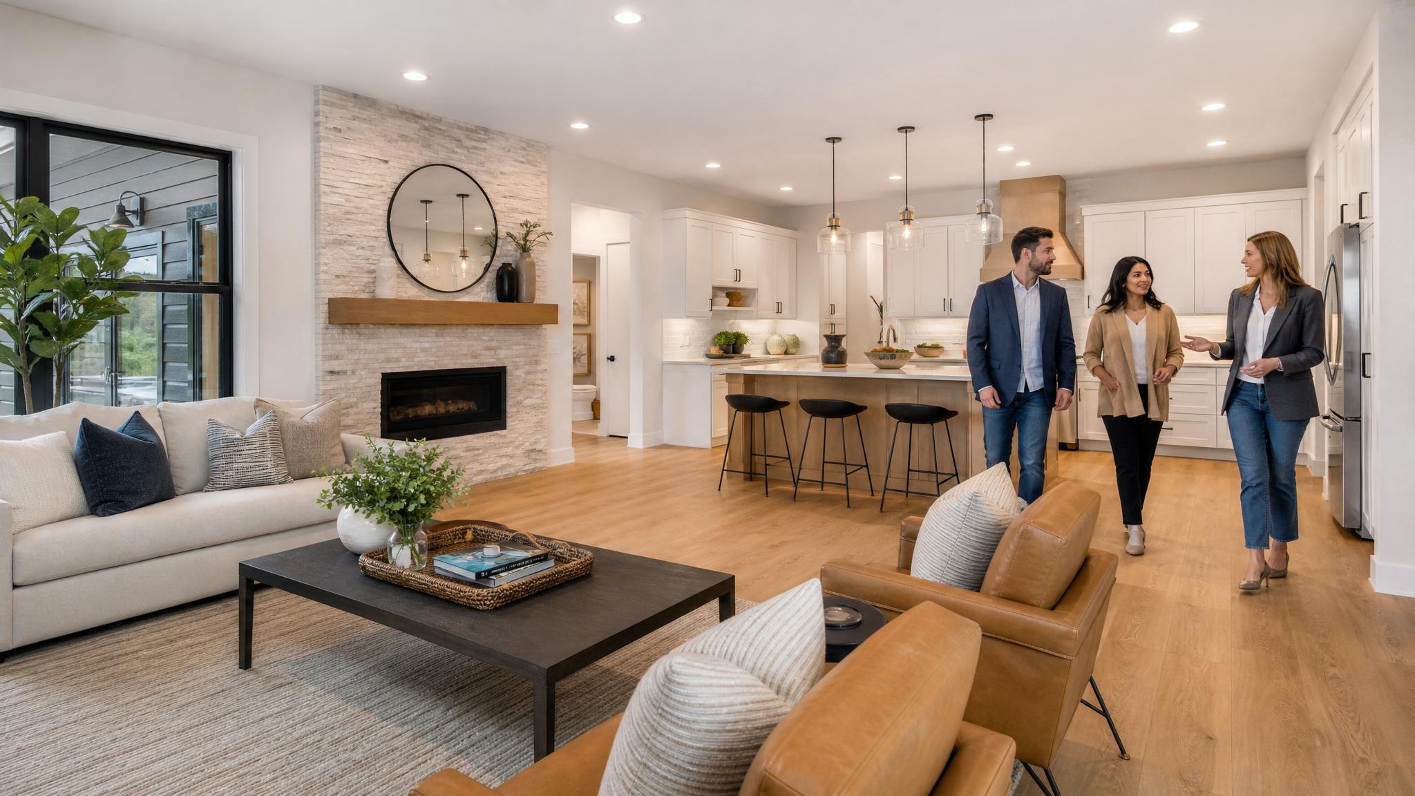 Prospective buyers exploring an open-plan living room