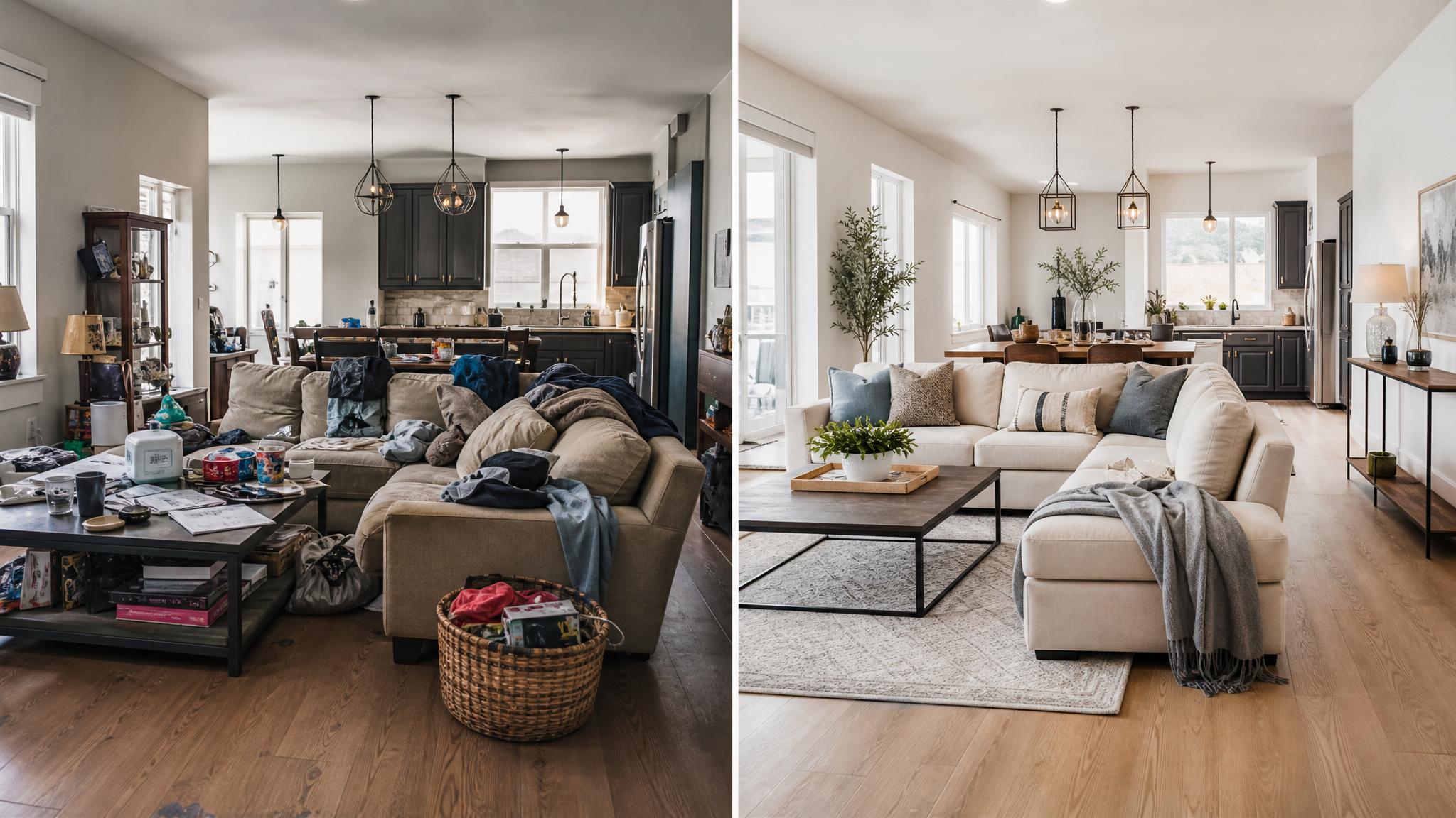 An image showing a cluttered versus a well-staged open-plan living room