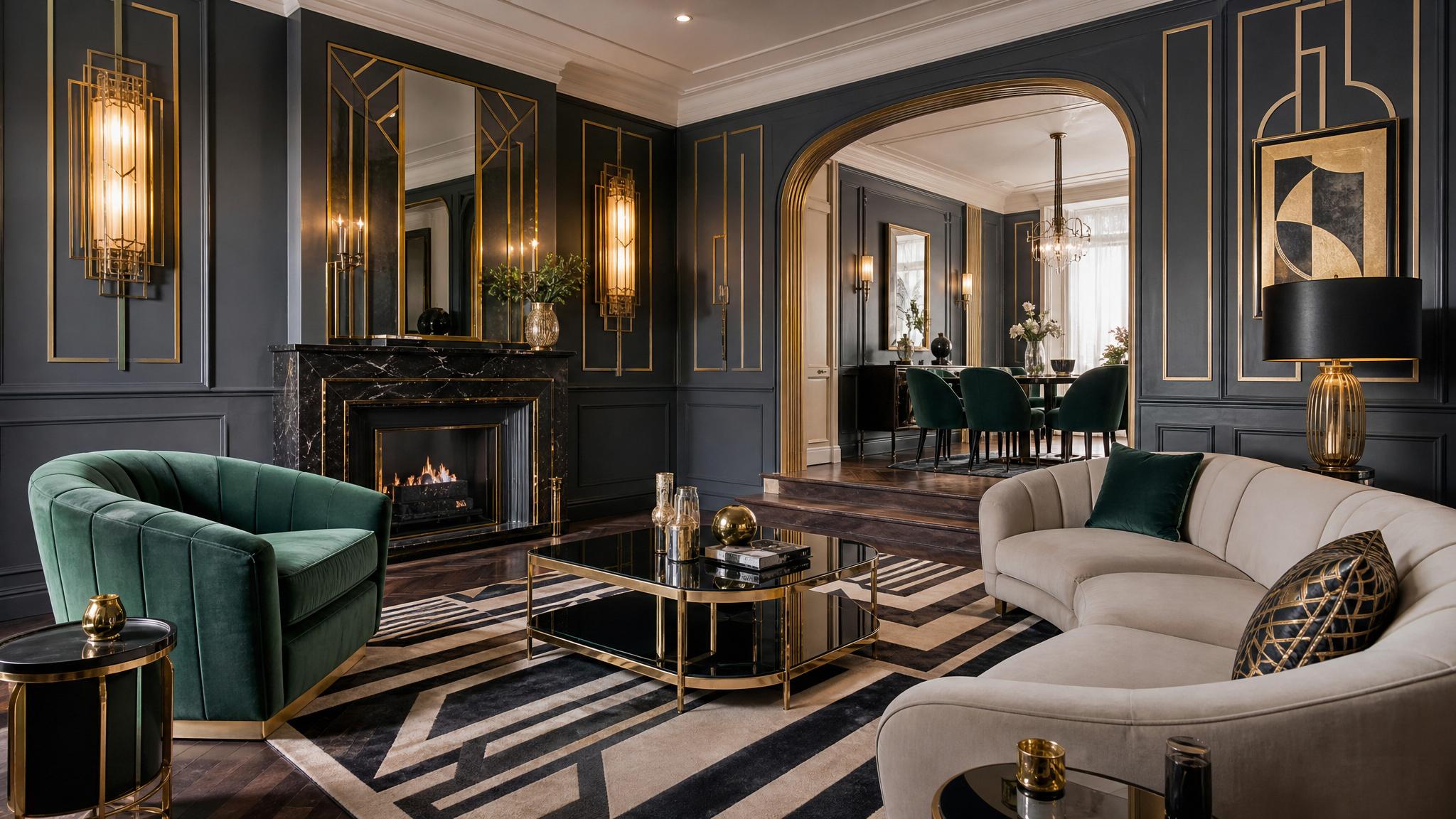 Image of an art deco living room with classic furniture, bold colors, and geometric patterns.