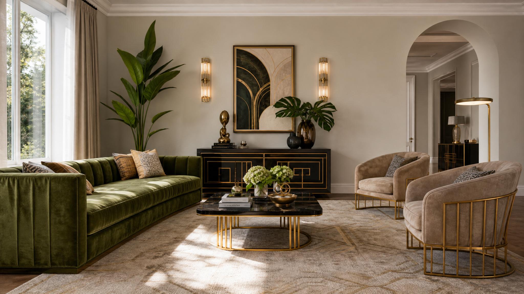 Image of a beautifully staged art deco living room with selected furniture and decor.