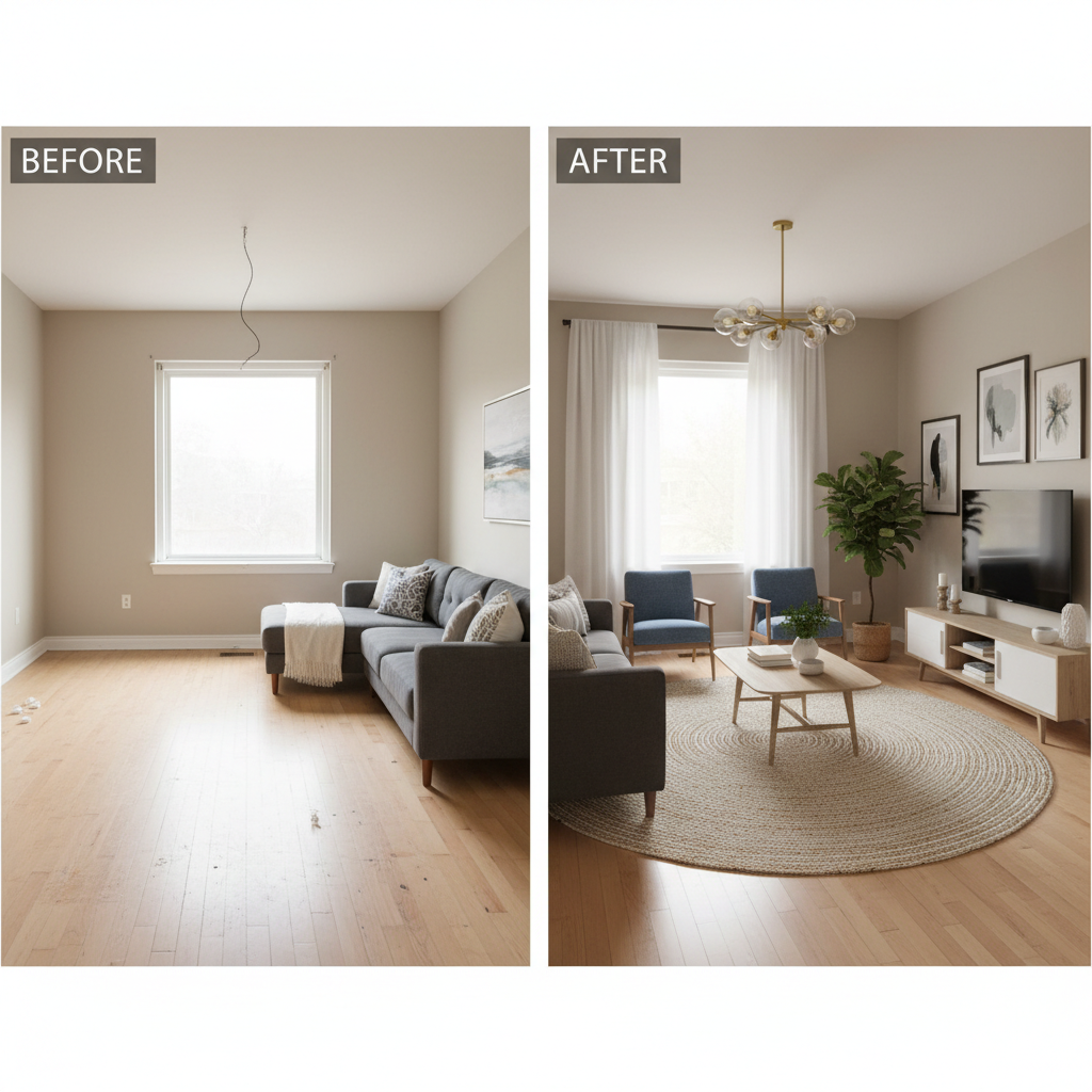 Before and after comparison of a living room staged virtually.