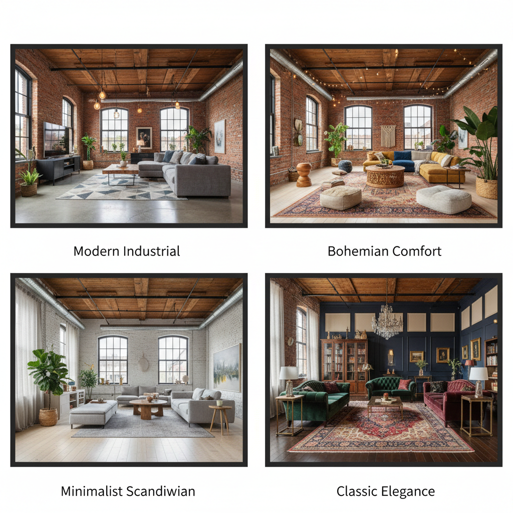 Image showcasing different AI-generated design layouts for a traditional loft.