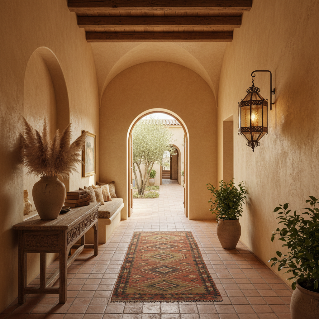 Mediterranean hallway with warm colors and natural materials.