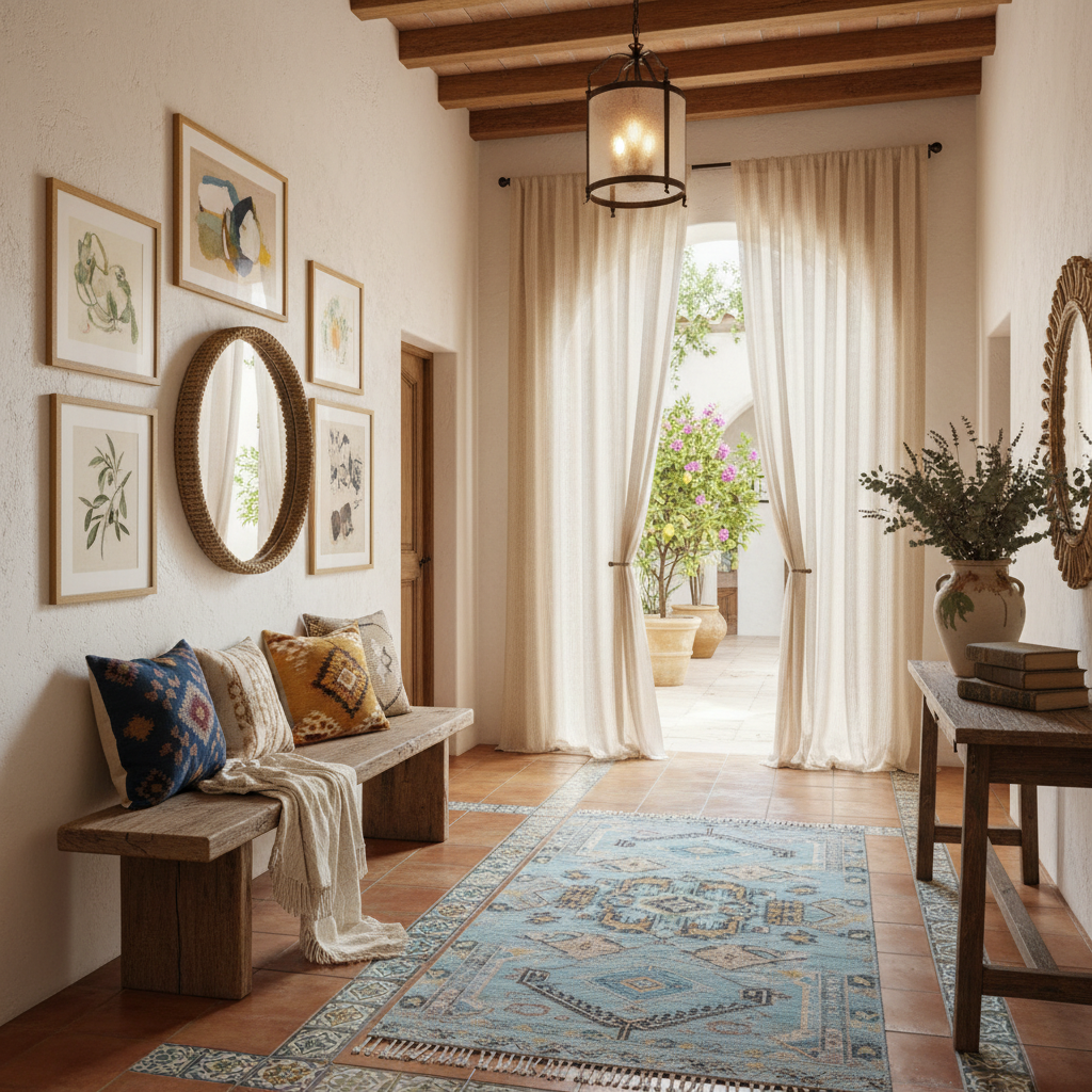 Final touches of Mediterranean hallway design with textiles and art.