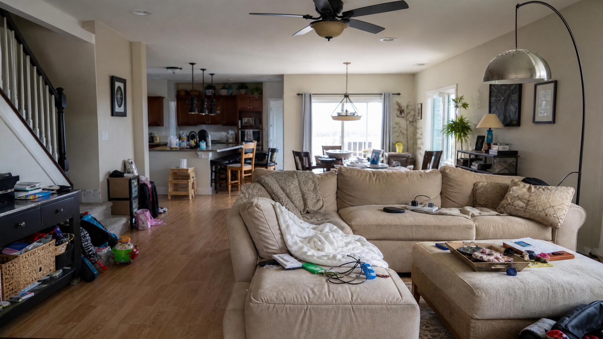 Before image of a cluttered open-plan living room