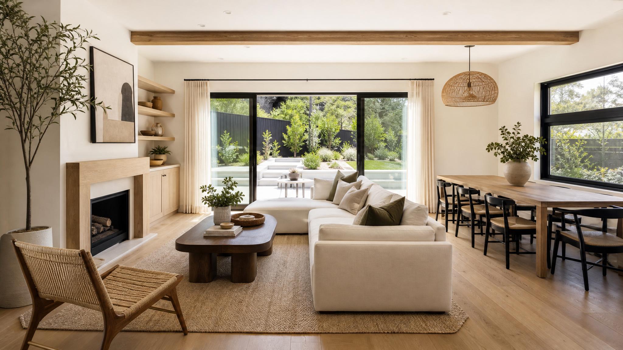 After image of a zen open-plan living room transformation