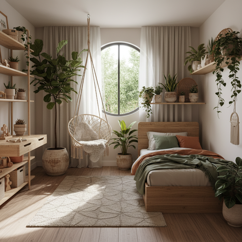 A biophilic kids bedroom design concept featuring natural materials and indoor plants