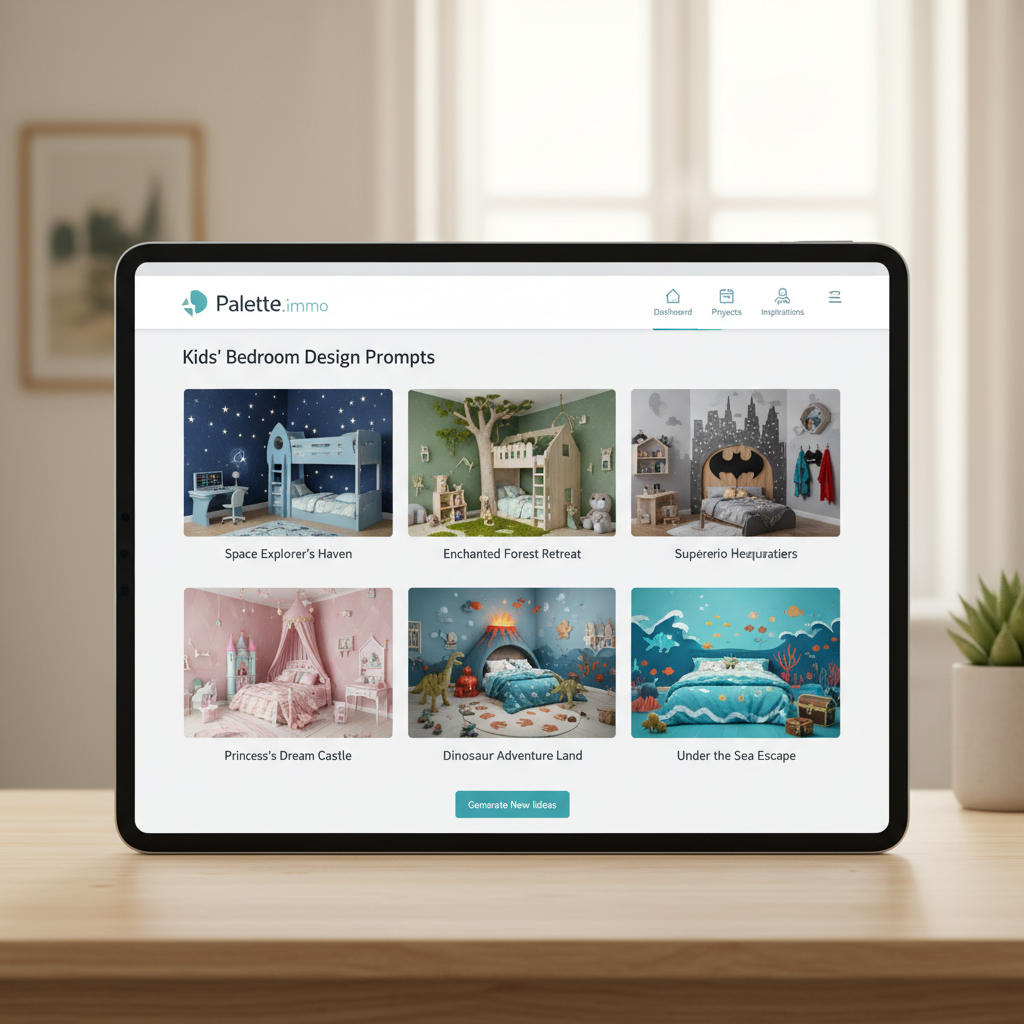 Screenshot of Palette.immo's interface with design prompts for kids bedrooms