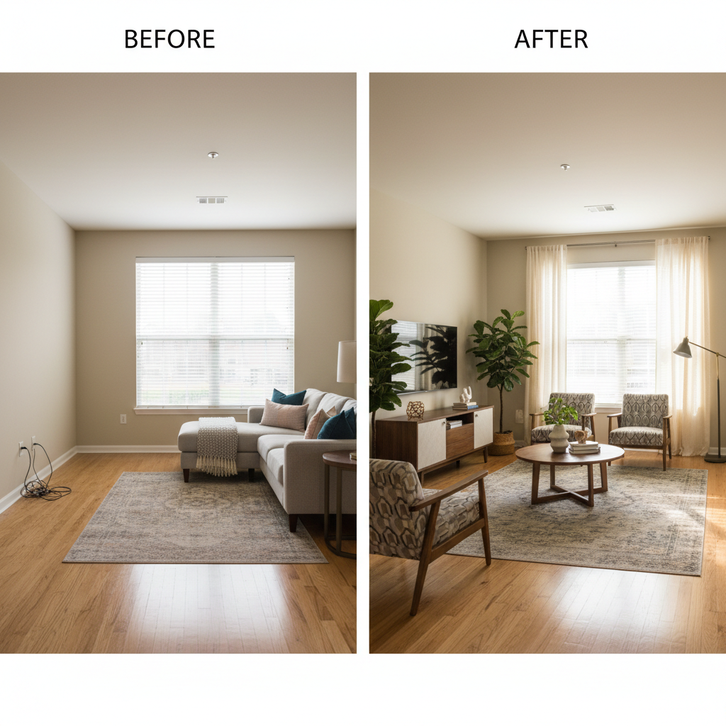 Before and after images of virtual staging transformation