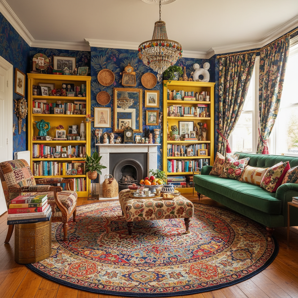 Colorful and eclectic living room showcasing maximalist design principles.
