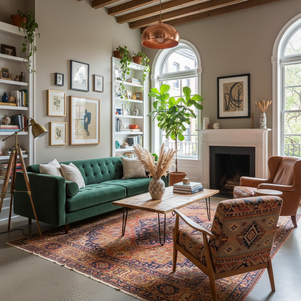 Eclectic mix of furniture in a townhouse living room.