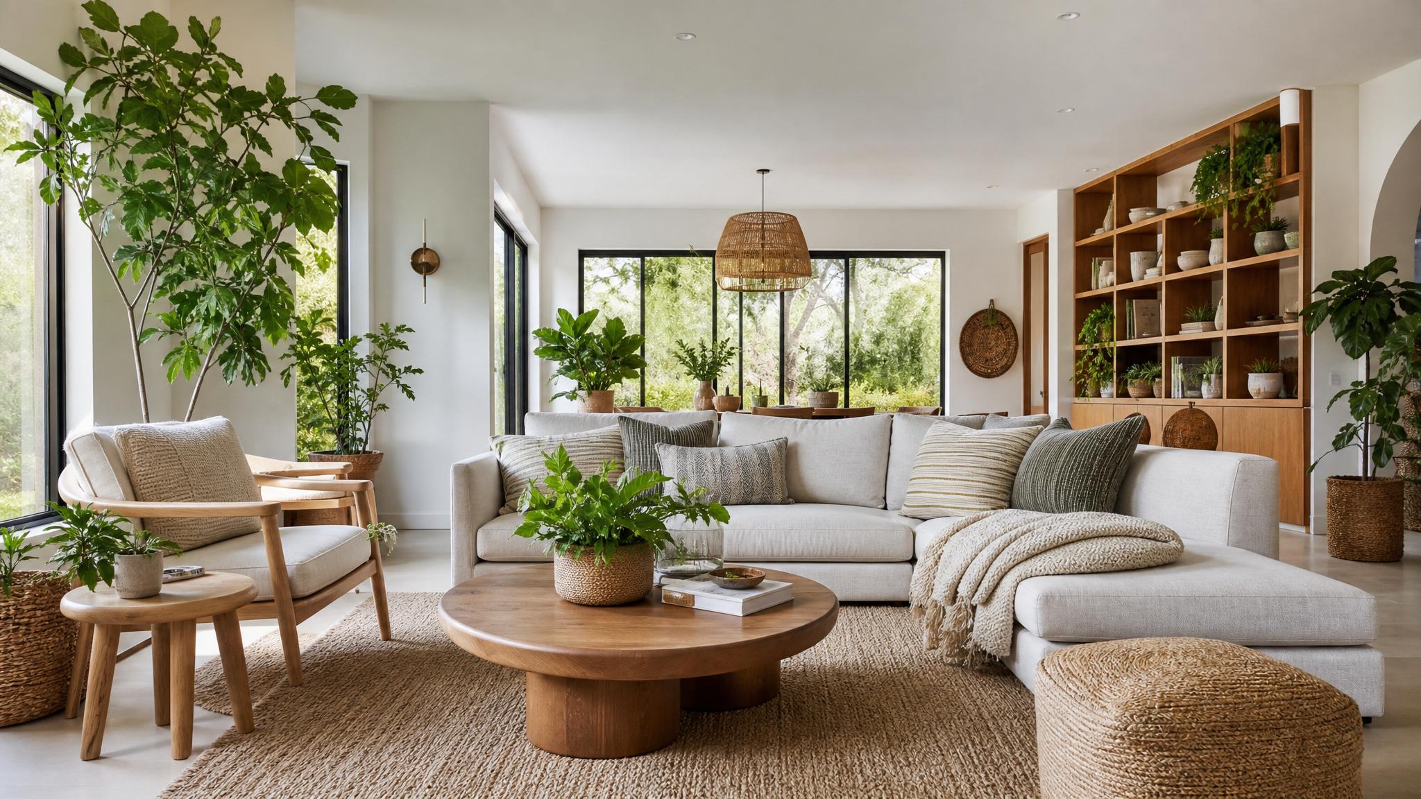 Beautiful biophilic living room with plants and natural light