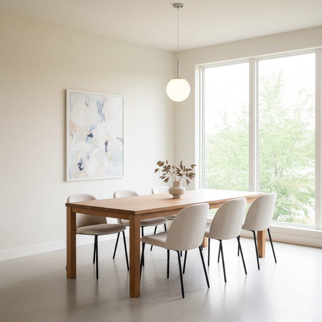 An image showcasing a well-lit dining room with minimal decor.