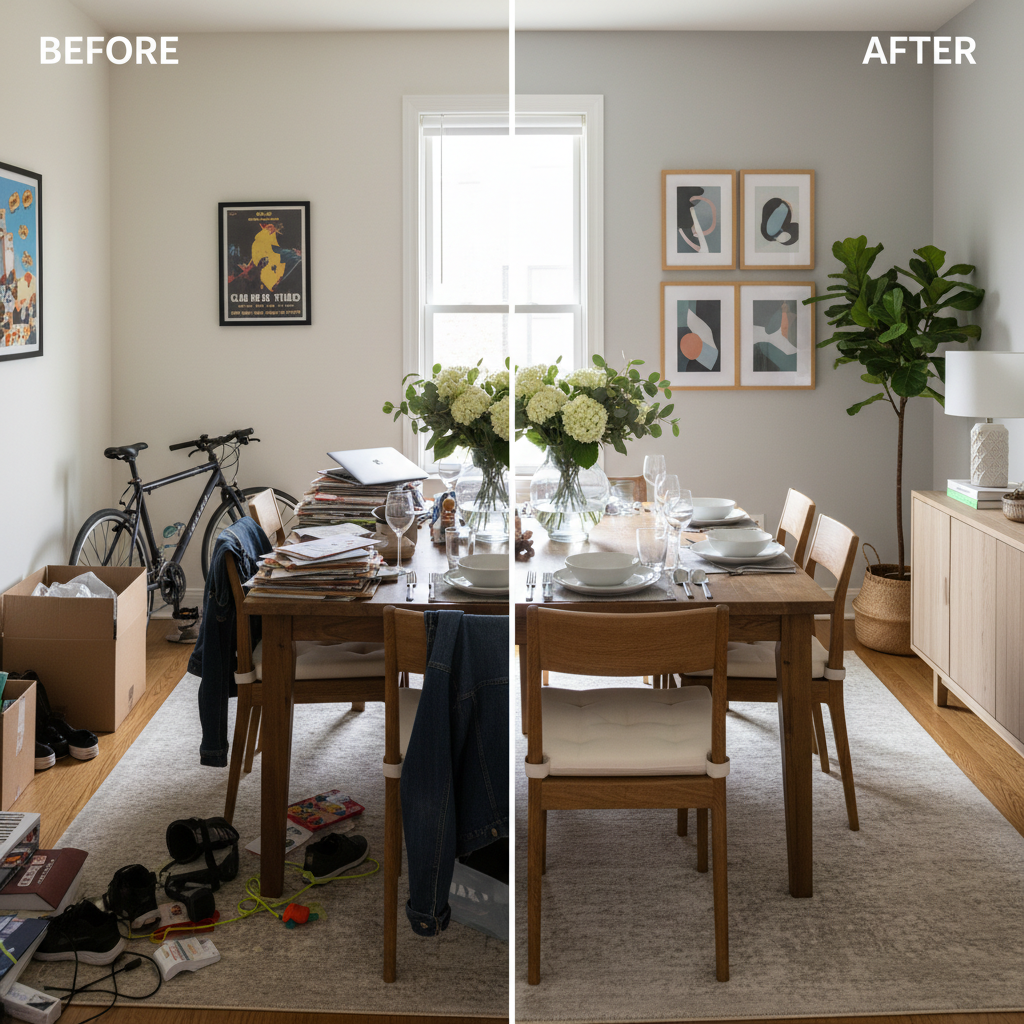 A before and after image comparing a cluttered dining room to a staged one.