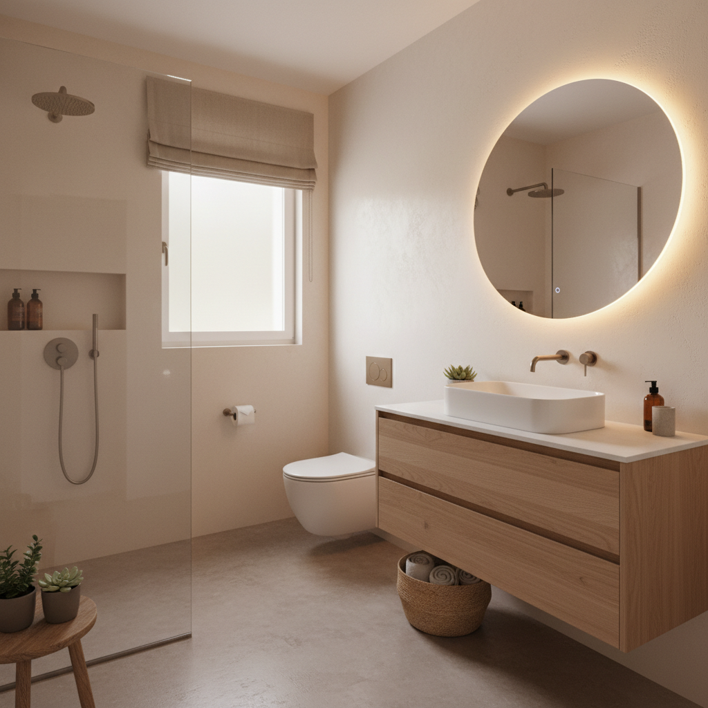 Image of a warm minimalist small bathroom interior