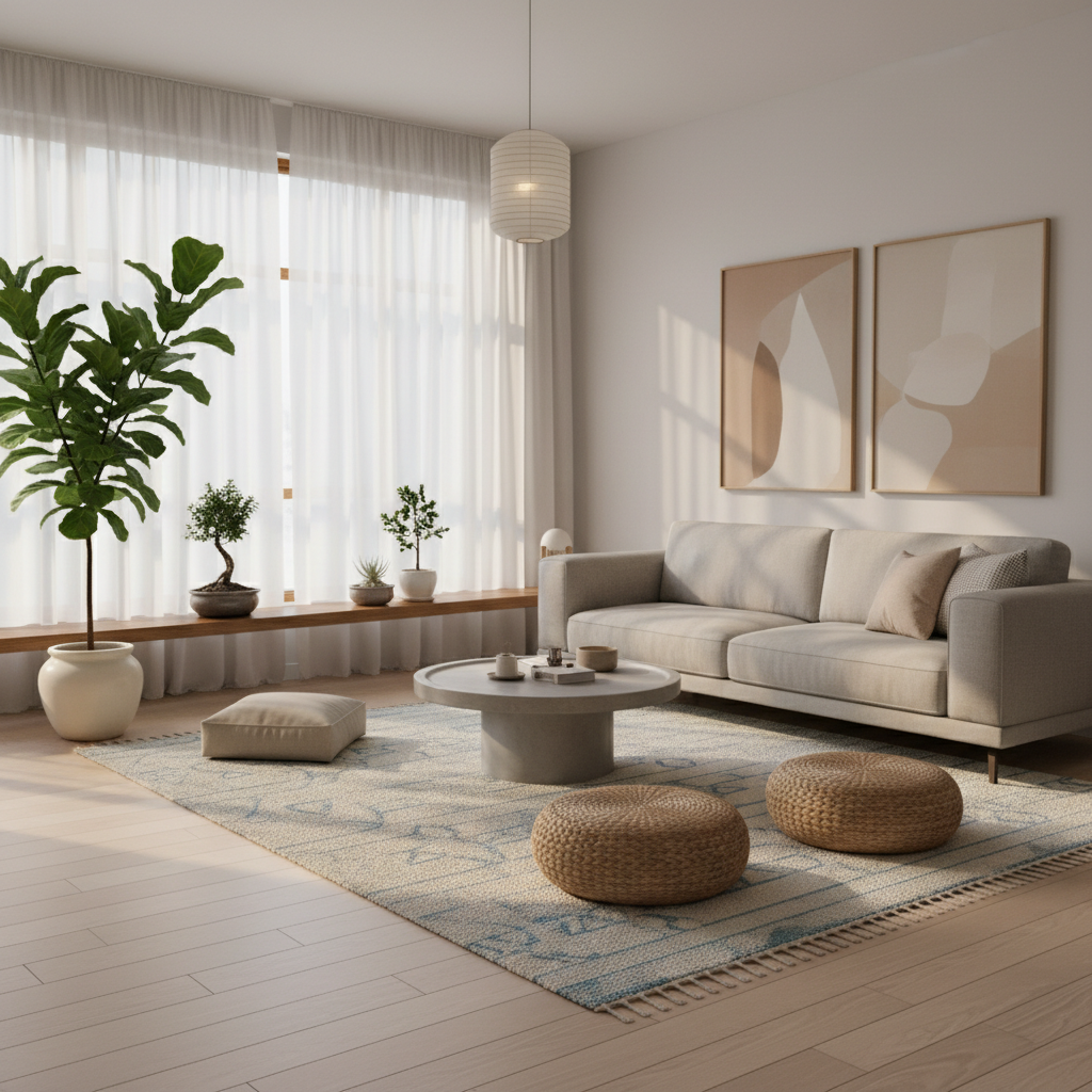 A serene zen living room with natural light, minimalistic furniture, and indoor plants.