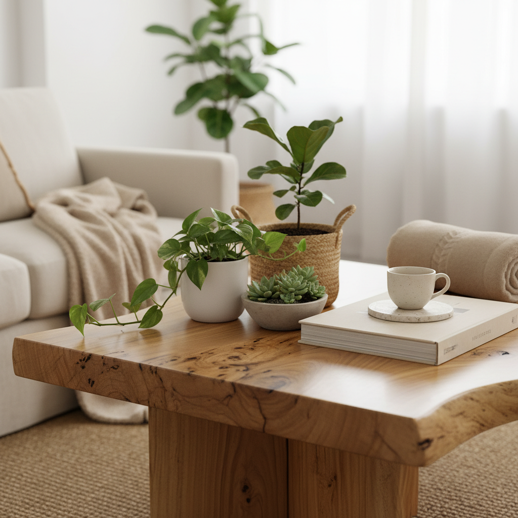 A close-up of a natural wooden coffee table with green plants and neutral décor.
