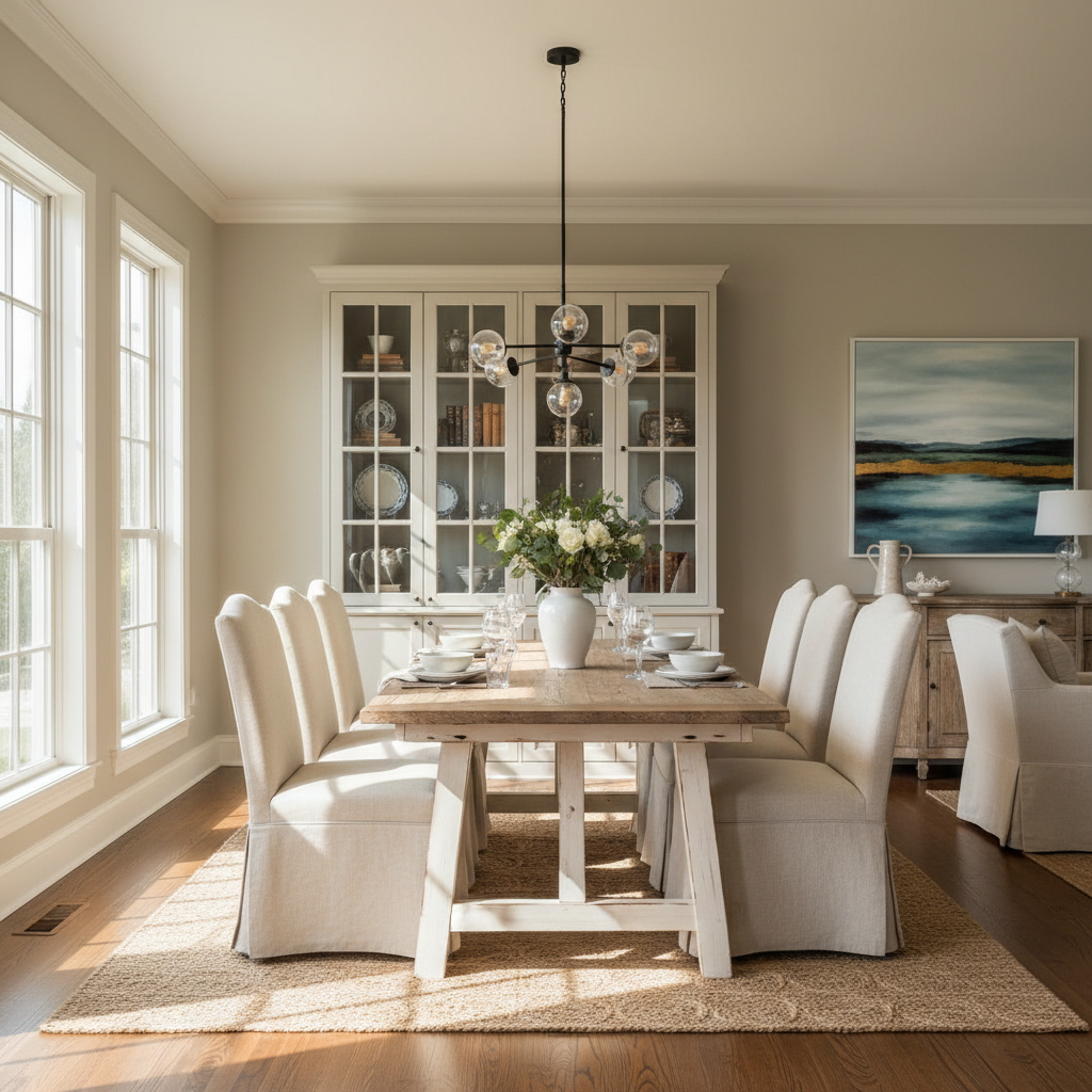 A beautifully staged dining room with natural light streaming in.
