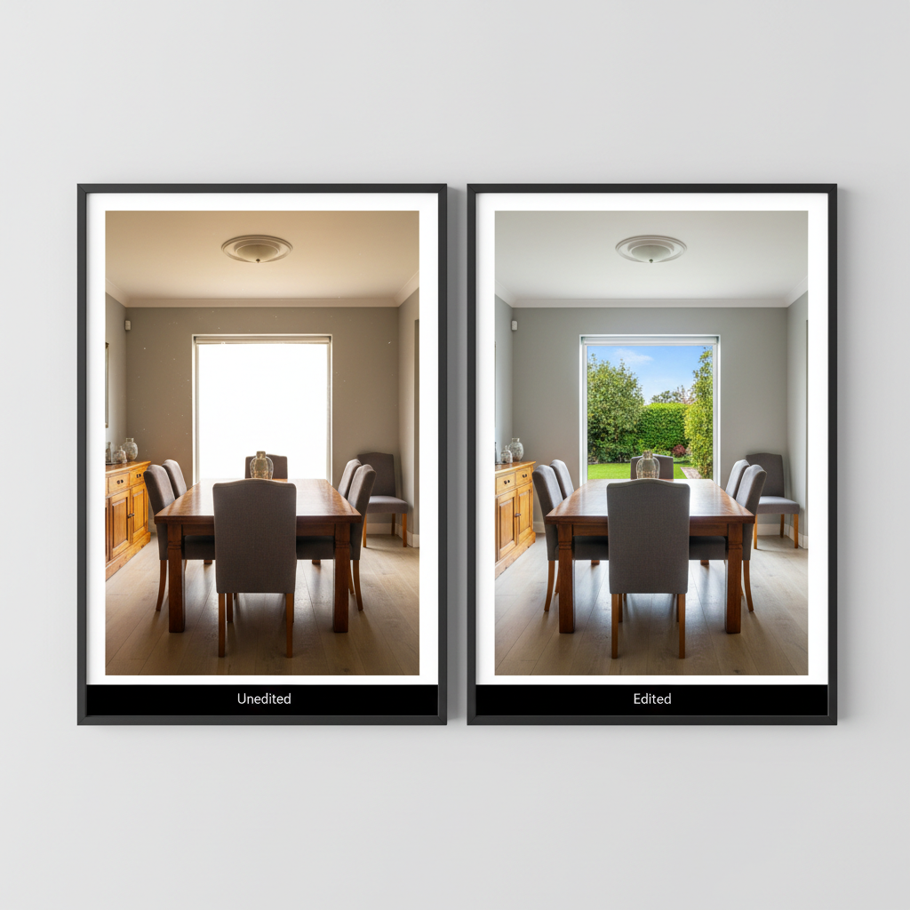Comparison of an unedited and edited dining room photo.