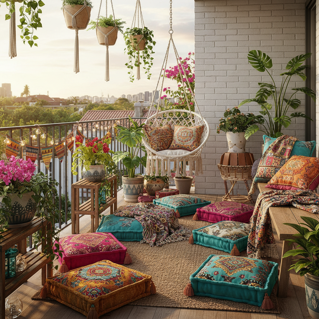 Image of a vibrant bohemian balcony with colorful cushions, plants, and layered textiles.