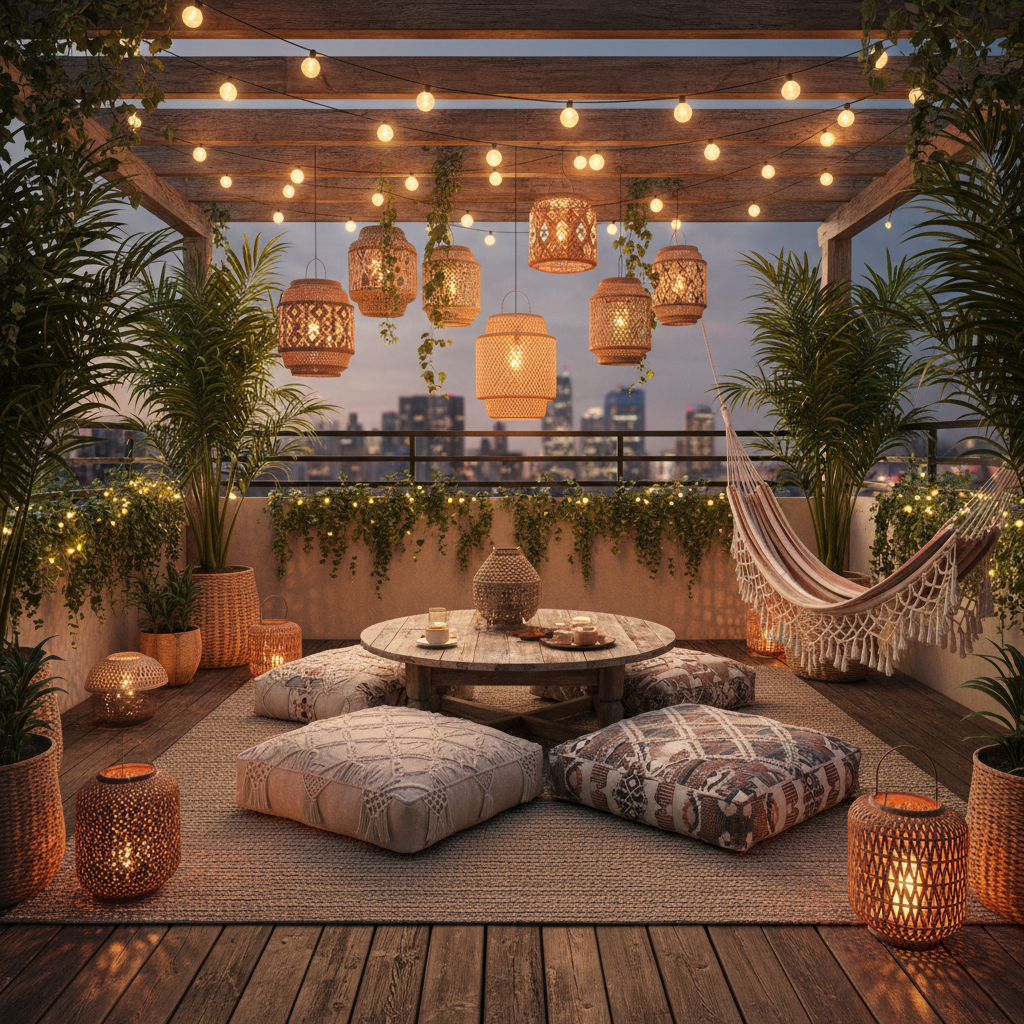 Image of bohemian balcony lighting featuring string lights and lanterns.