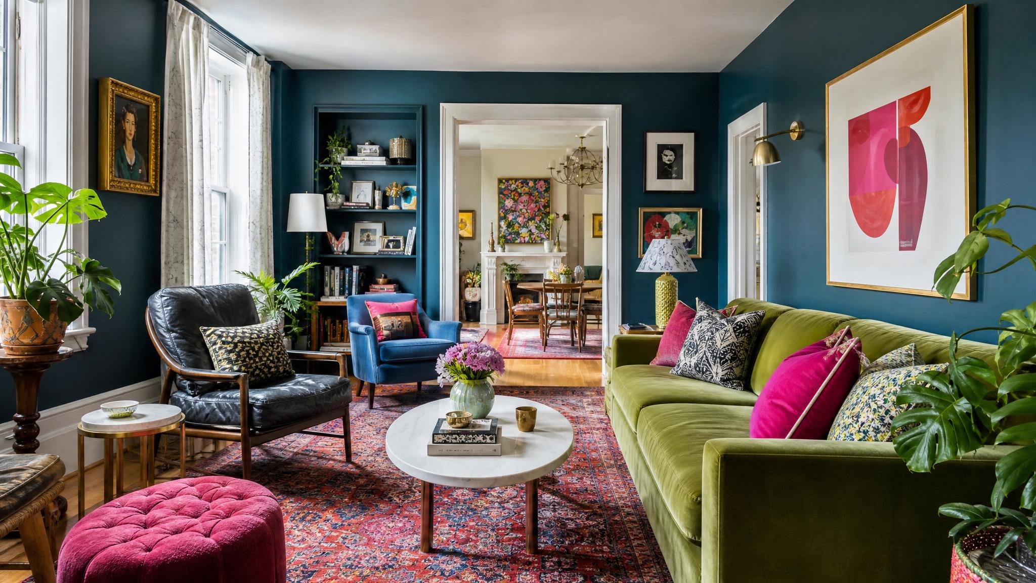 Maximalist small living room layout with vibrant colors and eclectic furniture.