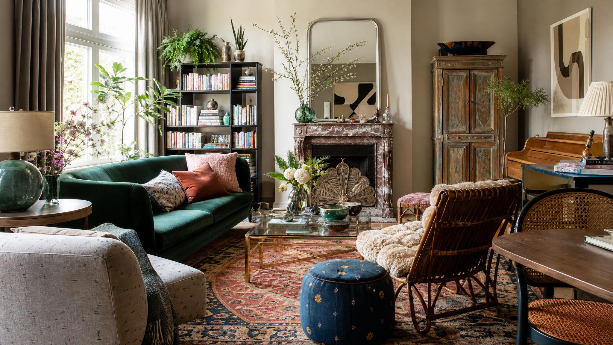 Eclectic furniture choices for maximalist interiors.