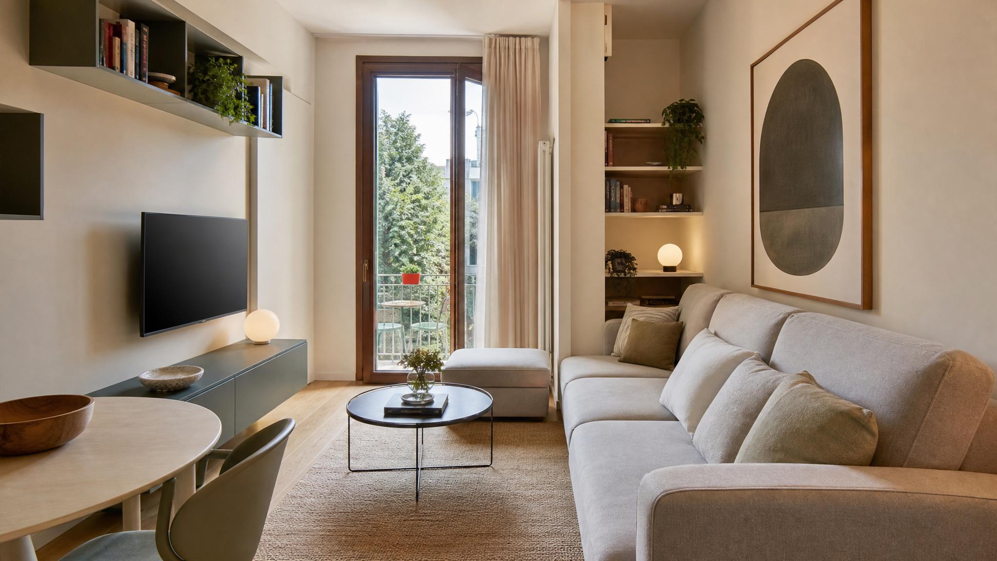Image of a small Italian modern living room with space-saving furniture.