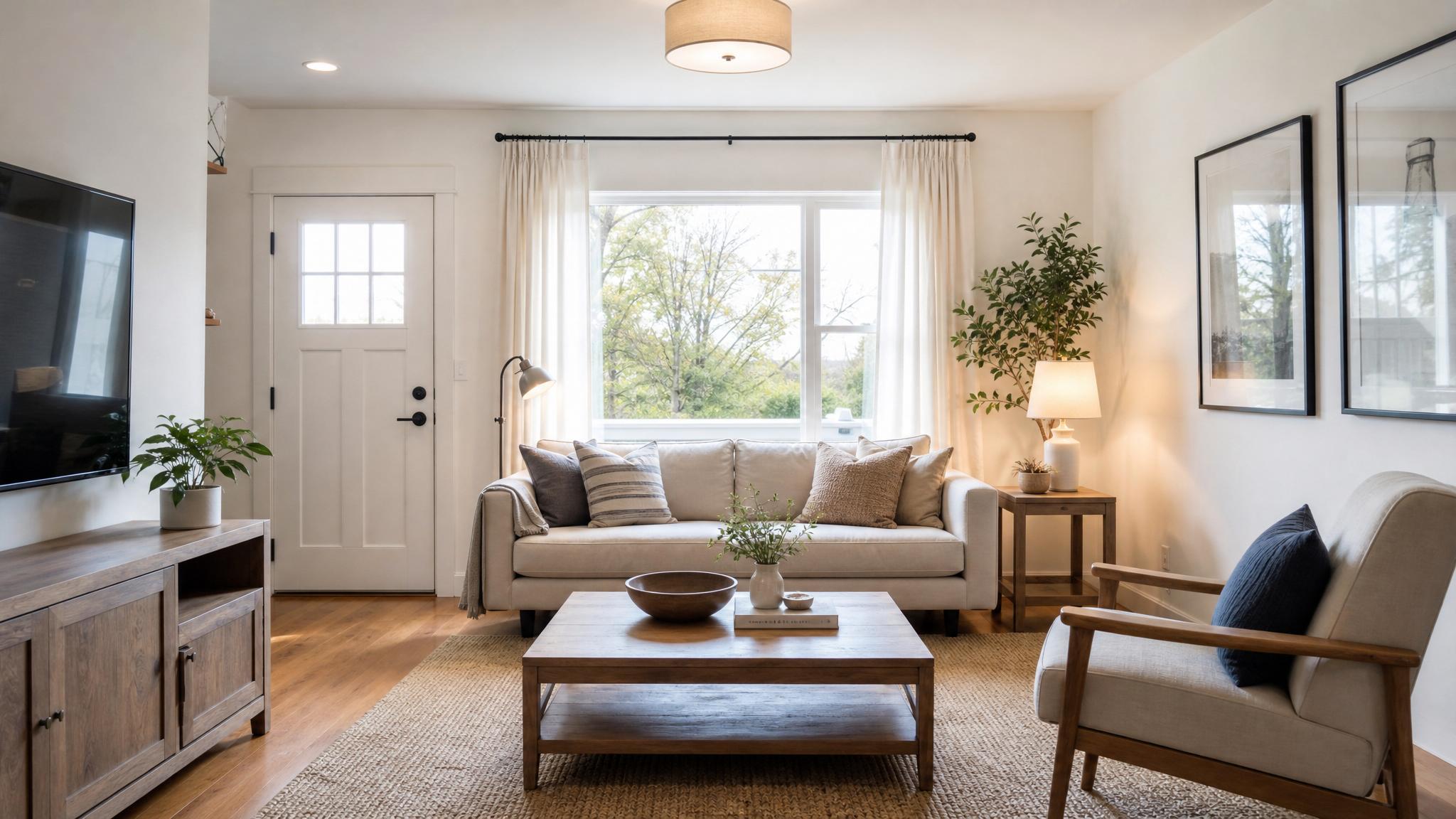Image of a well-lit small living room showcasing natural light and layered lighting.