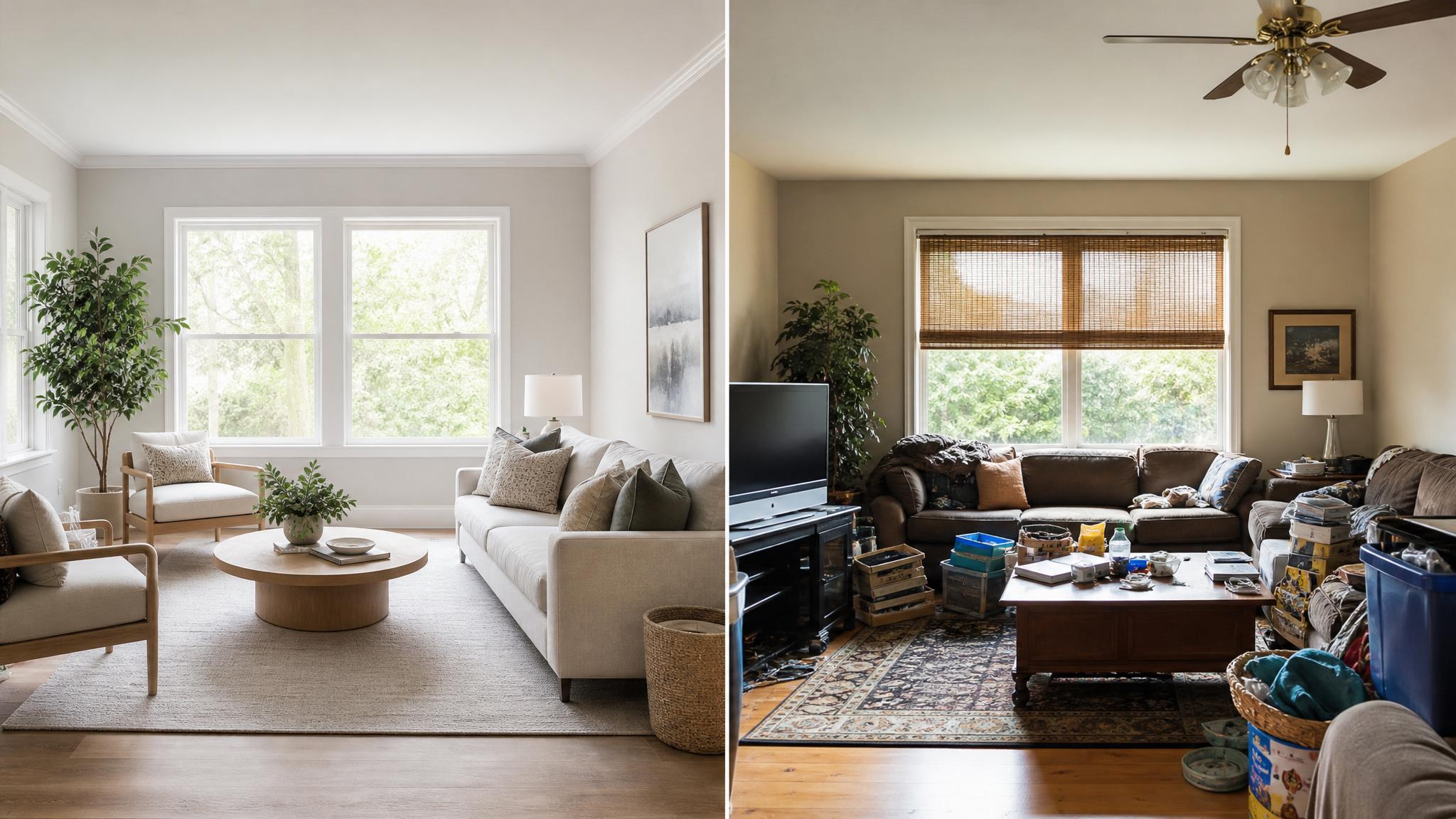 Image of a well-staged living room versus a cluttered one.