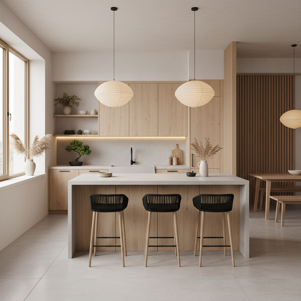 Image of a beautifully designed Japandi kitchen showcasing the blend of Japanese and Scandinavian elements.