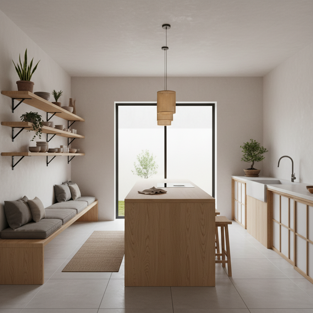 Image of a minimalist Scandinavian kitchen merged with Japanese aesthetic, featuring plants and open shelving.