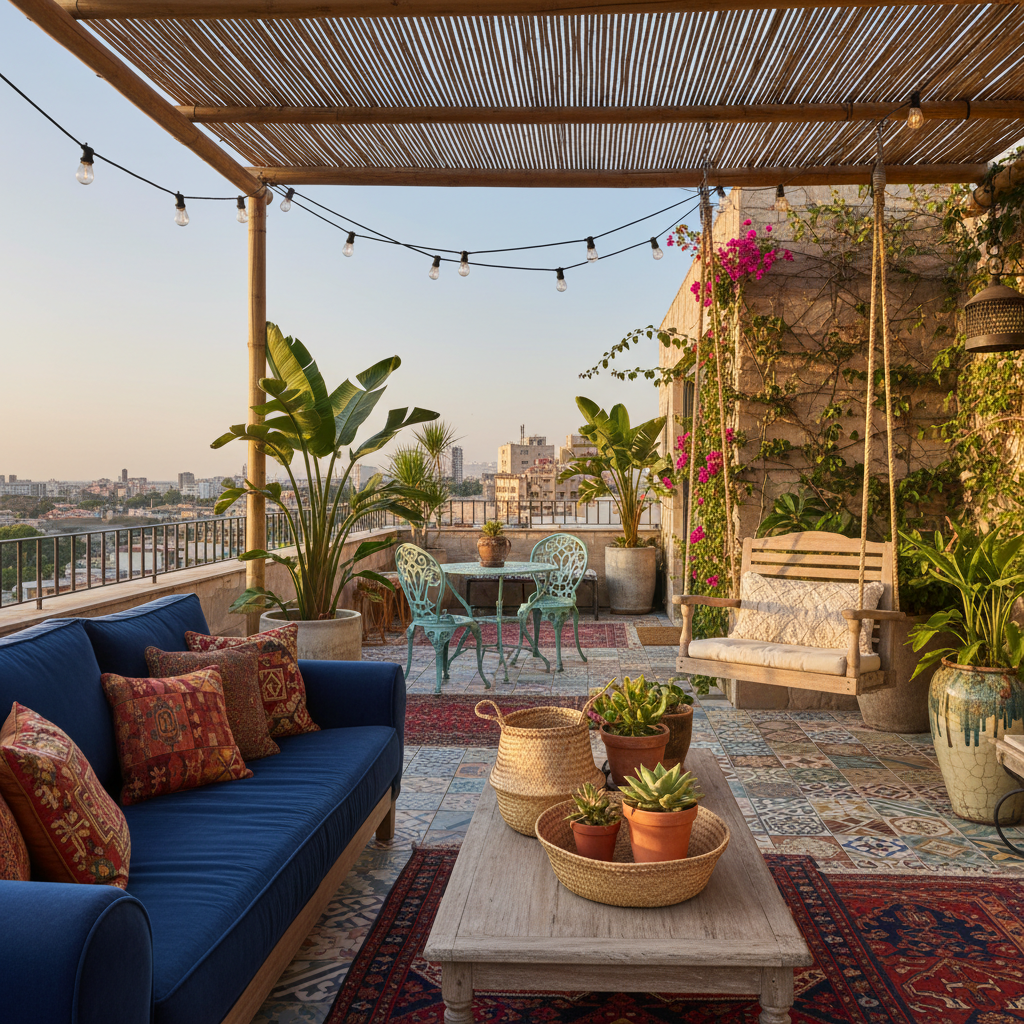 A beautifully designed eclectic terrace showcasing a mix of textures, colors, and styles.