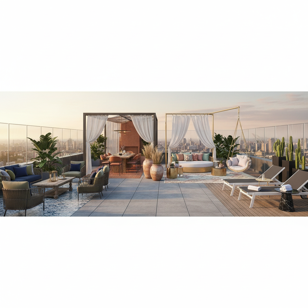 Variety of color palettes and furniture options for terrace design.